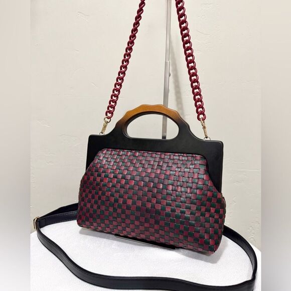 Colorblock Woven Cowhide Handmade Wooden Frame Top Handle Satchel, Crossbody Bag - Picture 7 of 16